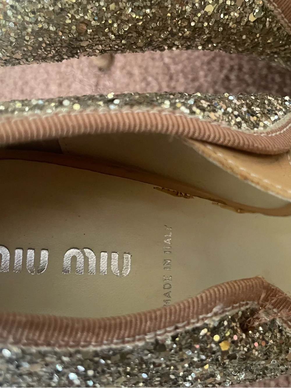 Miu Miu Glitter Peep-Toe Mary Jane Women's Shoes - Gold
